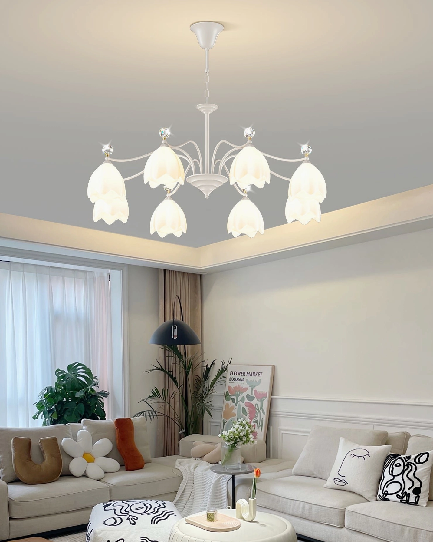 8-head Ricko Chandelier in spacious modern living room with neutral contemporary home decor