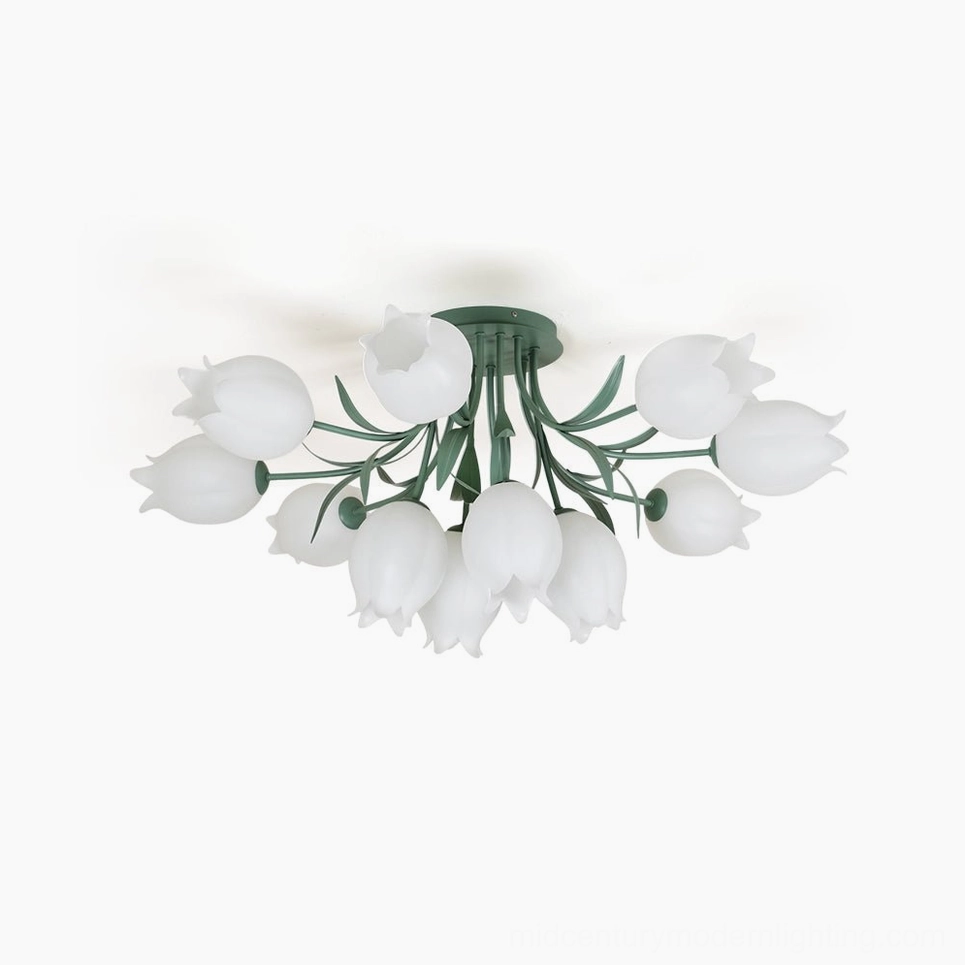 Ricko floral ceiling light overhead view green metal branches white frosted acrylic bell flowers