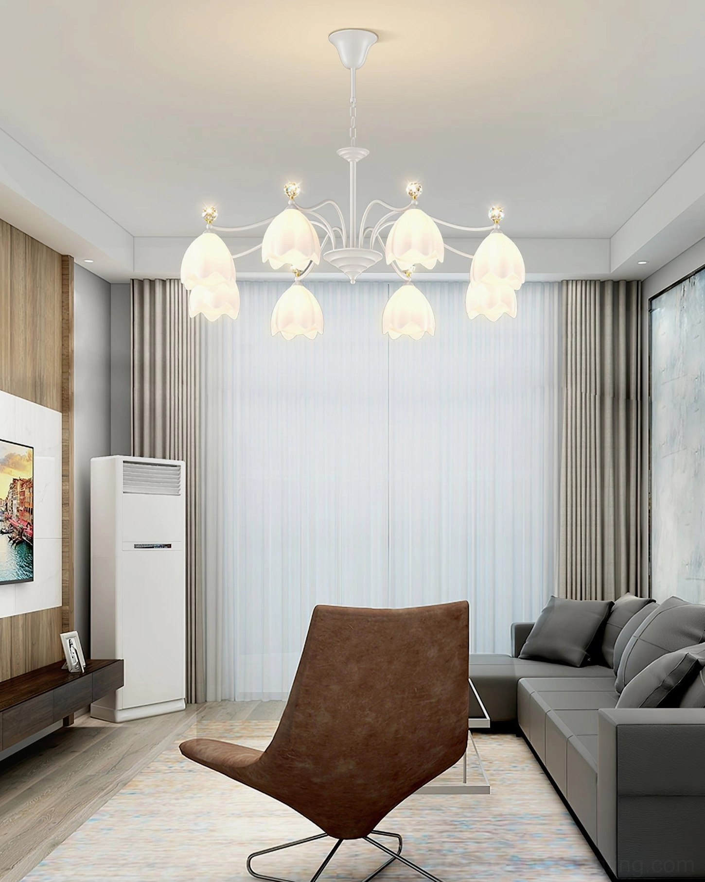 Ricko Chandelier cool light color temperature showing crisp modern illumination option