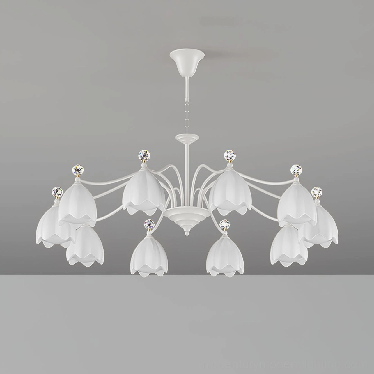 Ricko Chandelier frosted glass lamp shades with delicate petal design, direct front view