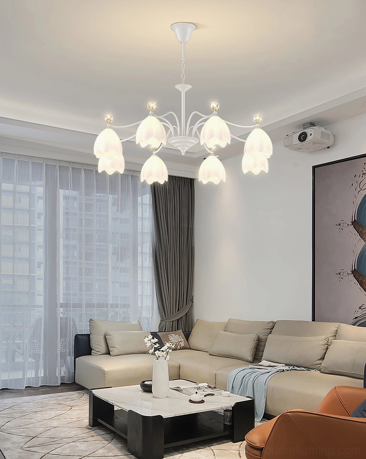 Ricko White Flower Chandelier integrated LED light source showing diffused frosted glass illumination