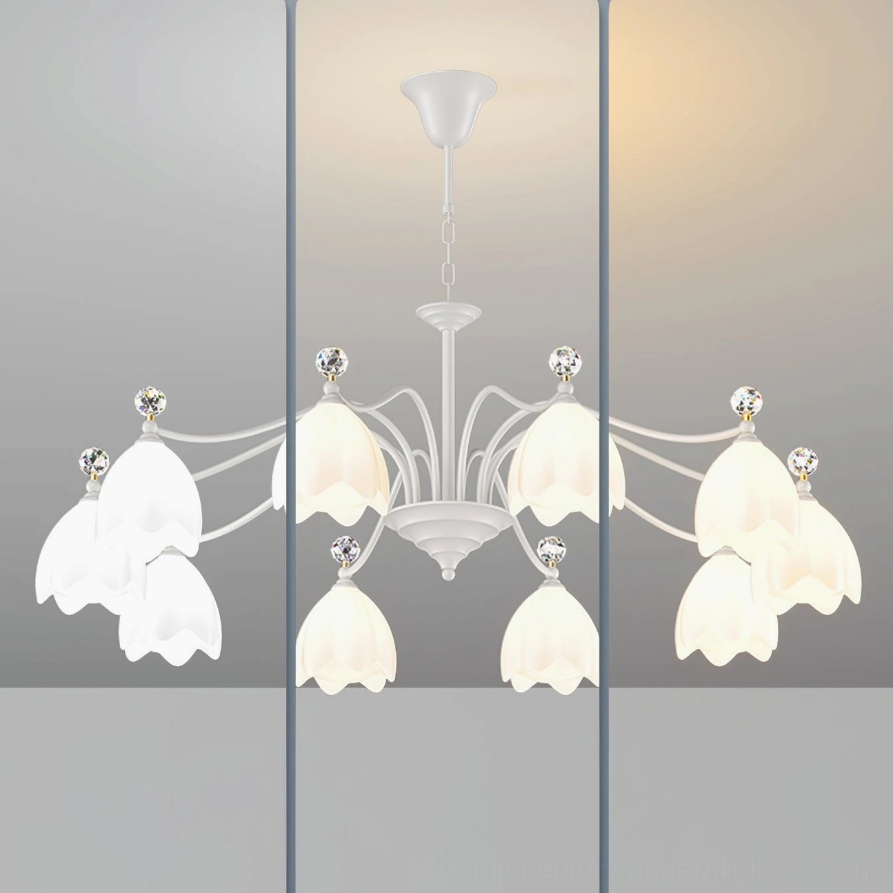 Ricko White Flower Chandelier triple split display showing warm light color temperature variations