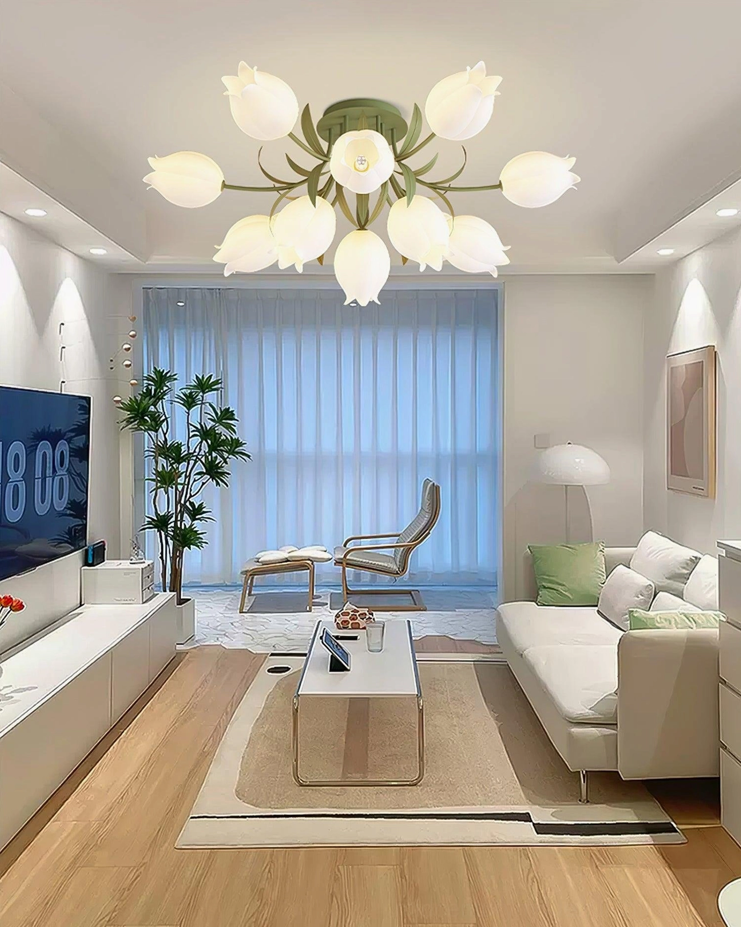 Green Ricko multi-head ceiling light modern living room wide angle view