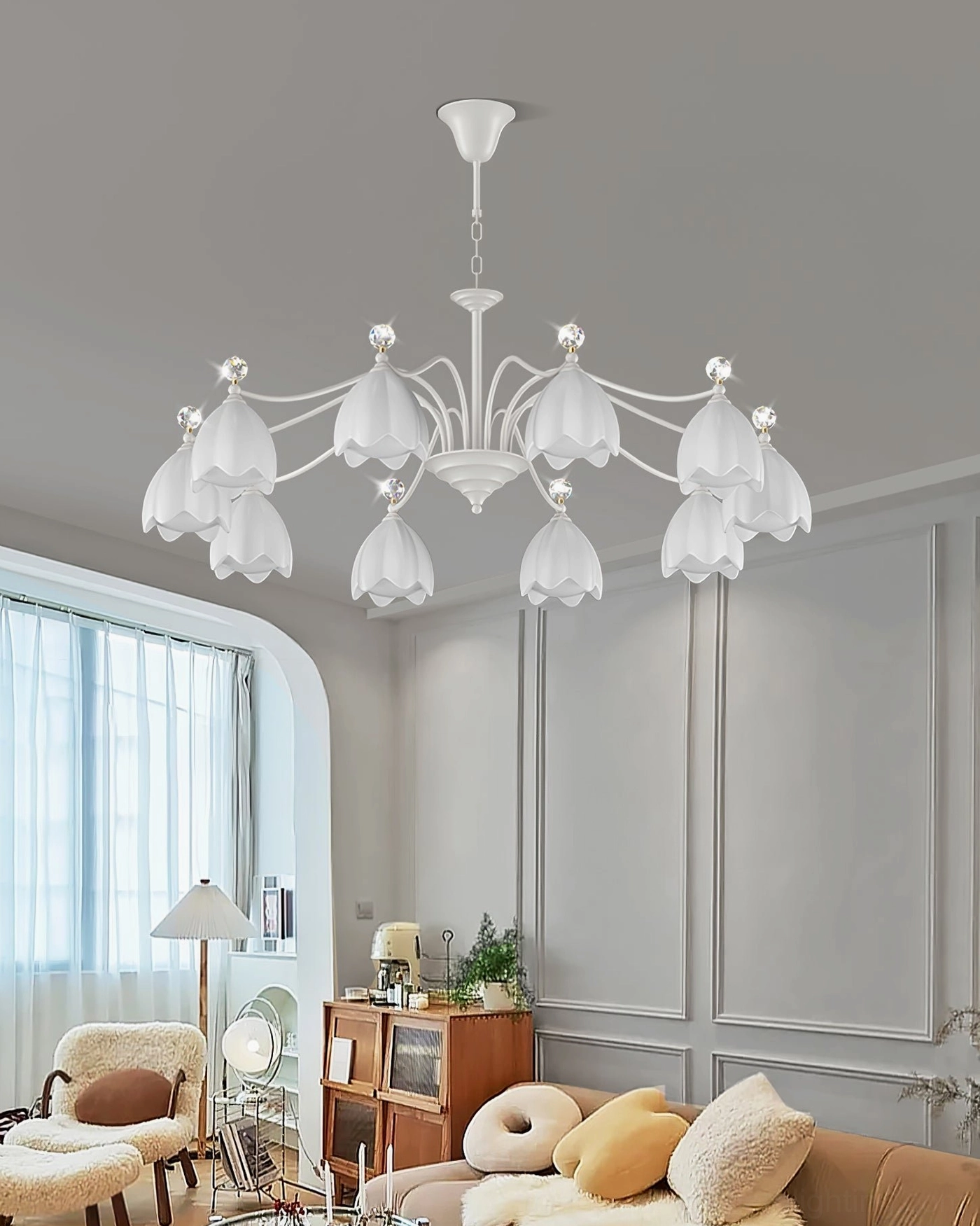 12-head White Ricko Chandelier in classic paneled room, French country pastoral style overhead view