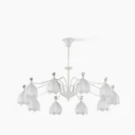 Ricko Modern White Flower Chandelier - frosted glass shades with crystal details, front view