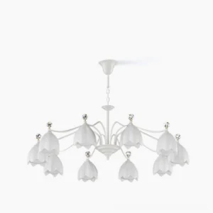 Ricko Modern White Flower Chandelier - frosted glass shades with crystal details, front view