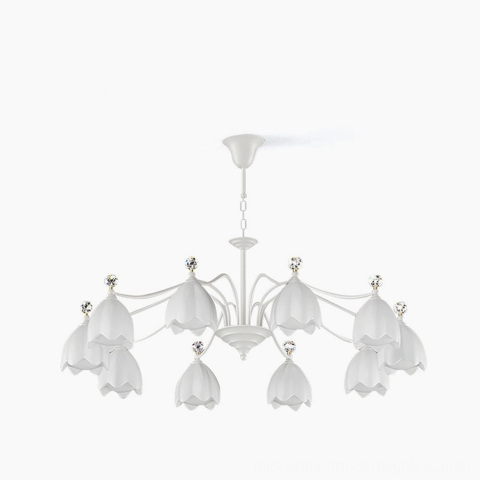 Ricko Modern White Flower Chandelier - frosted glass shades with crystal details, front view