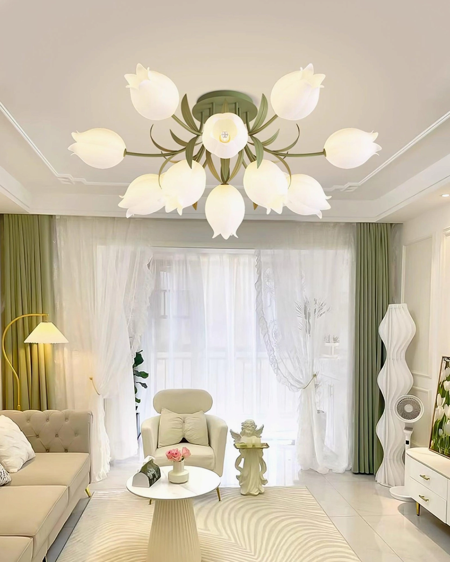 White Ricko ceiling light living room green curtains pastoral aesthetic