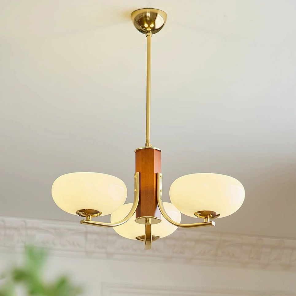 Rico three-head chandelier brass gold and beige glass color scheme detail