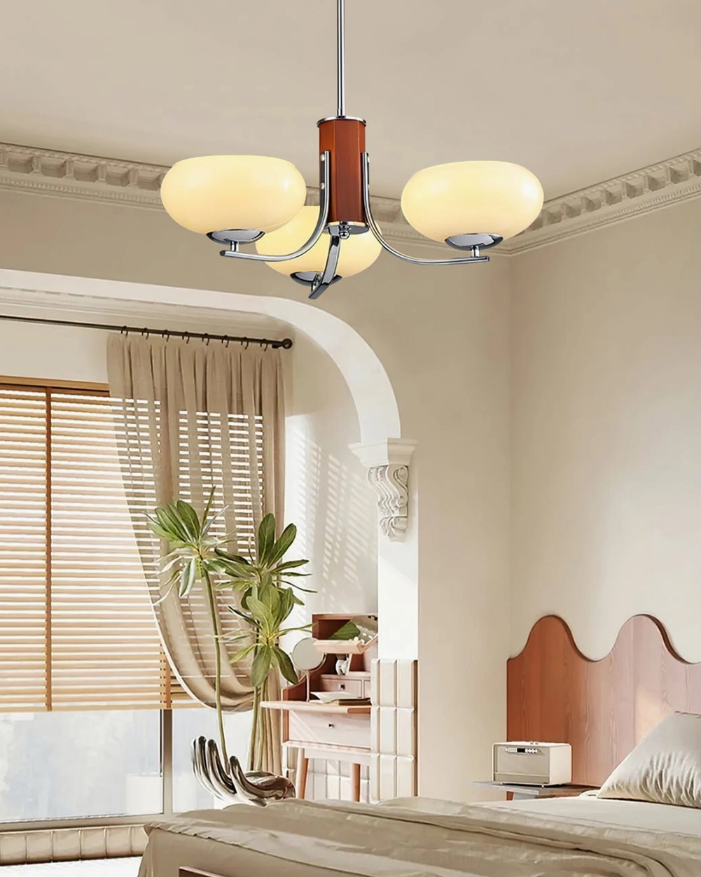 Rico 3-head chandelier brass and beige glass shade color option detail