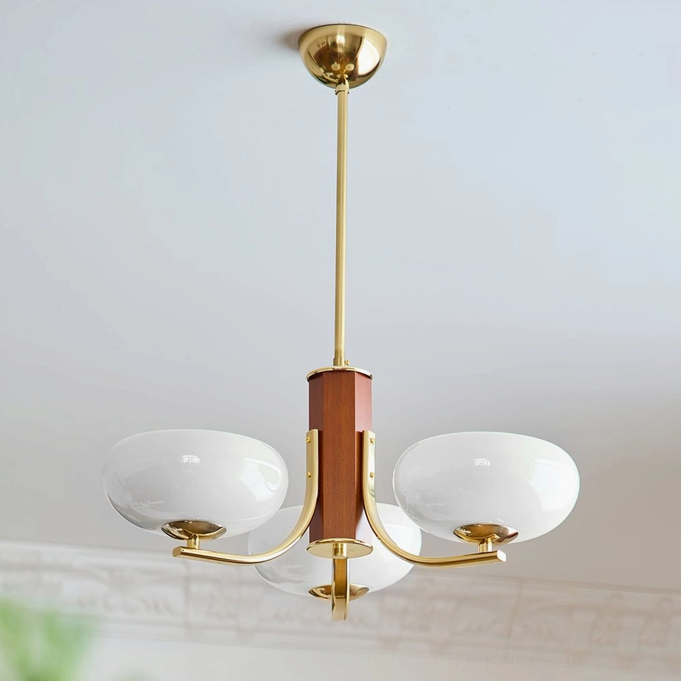 Rico three-head mid-century modern chandelier brass gold and white shade