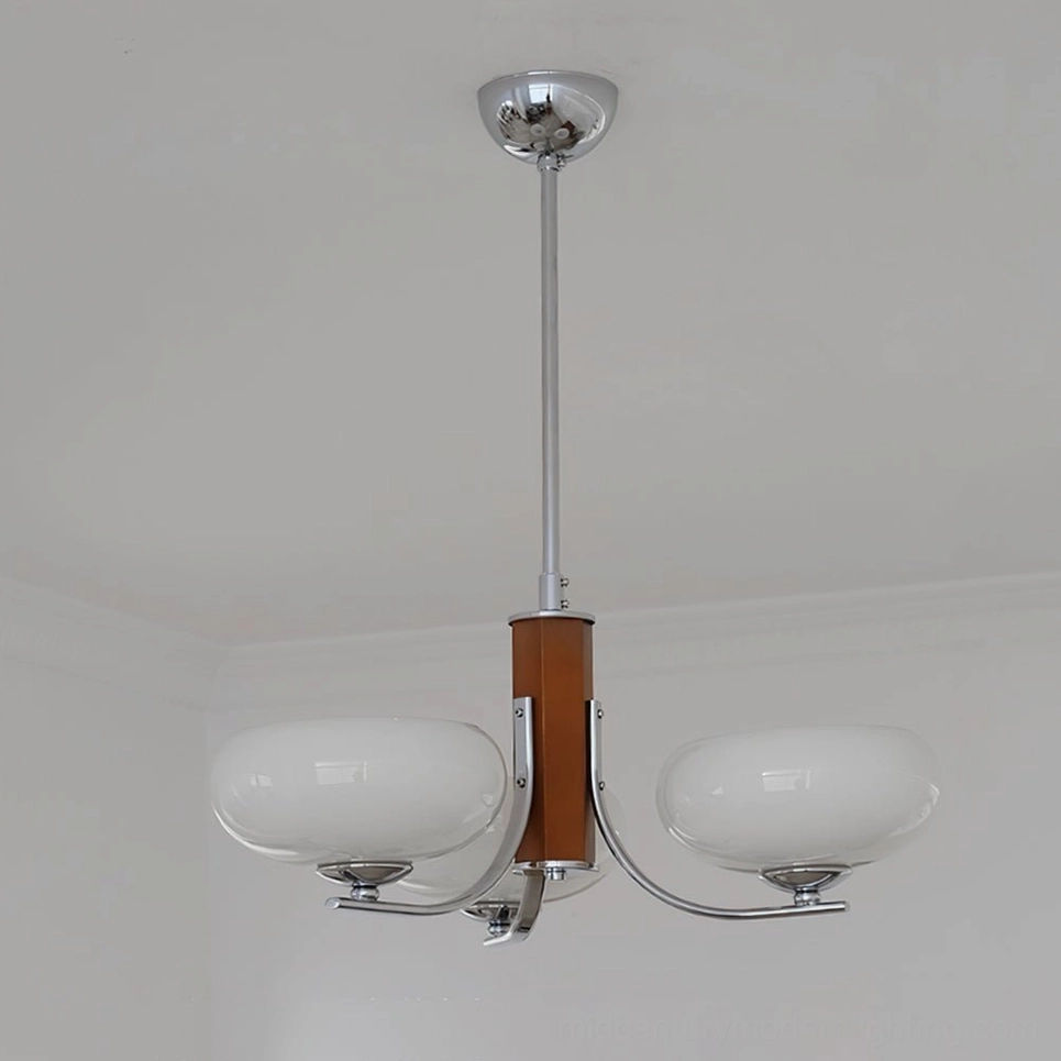 Rico three-head mid-century pendant chandelier complete installation view
