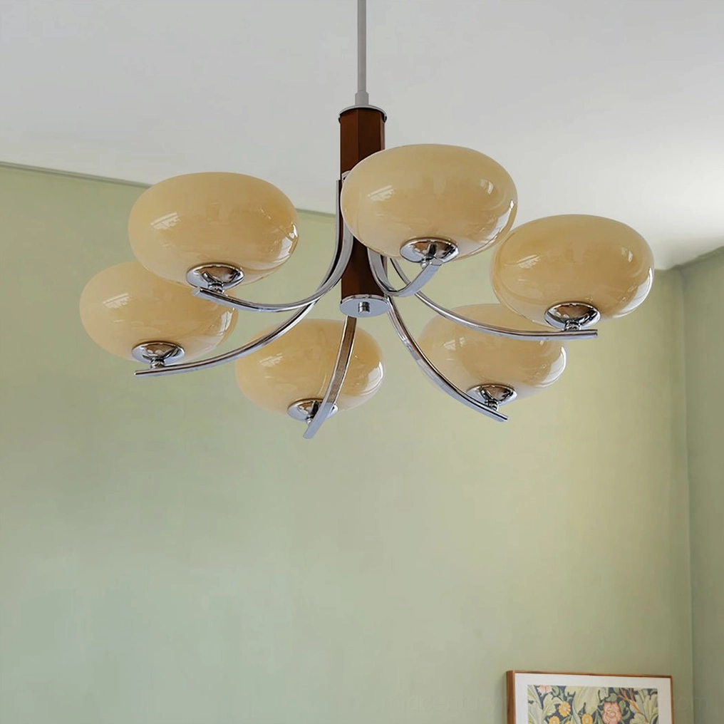 Rico three-head mid-century pendant chandelier in transitional interior setting