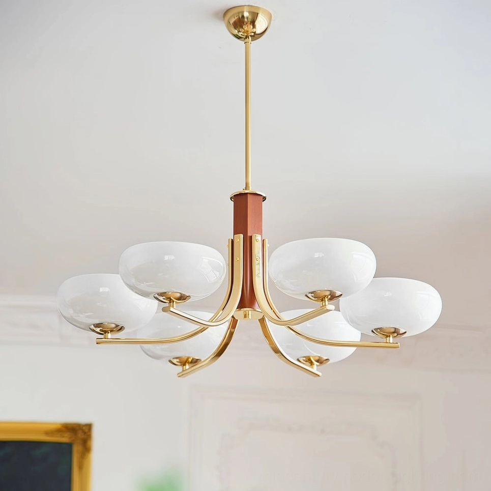 Rico six-head chandelier with brass gold finish and white opal glass shades
