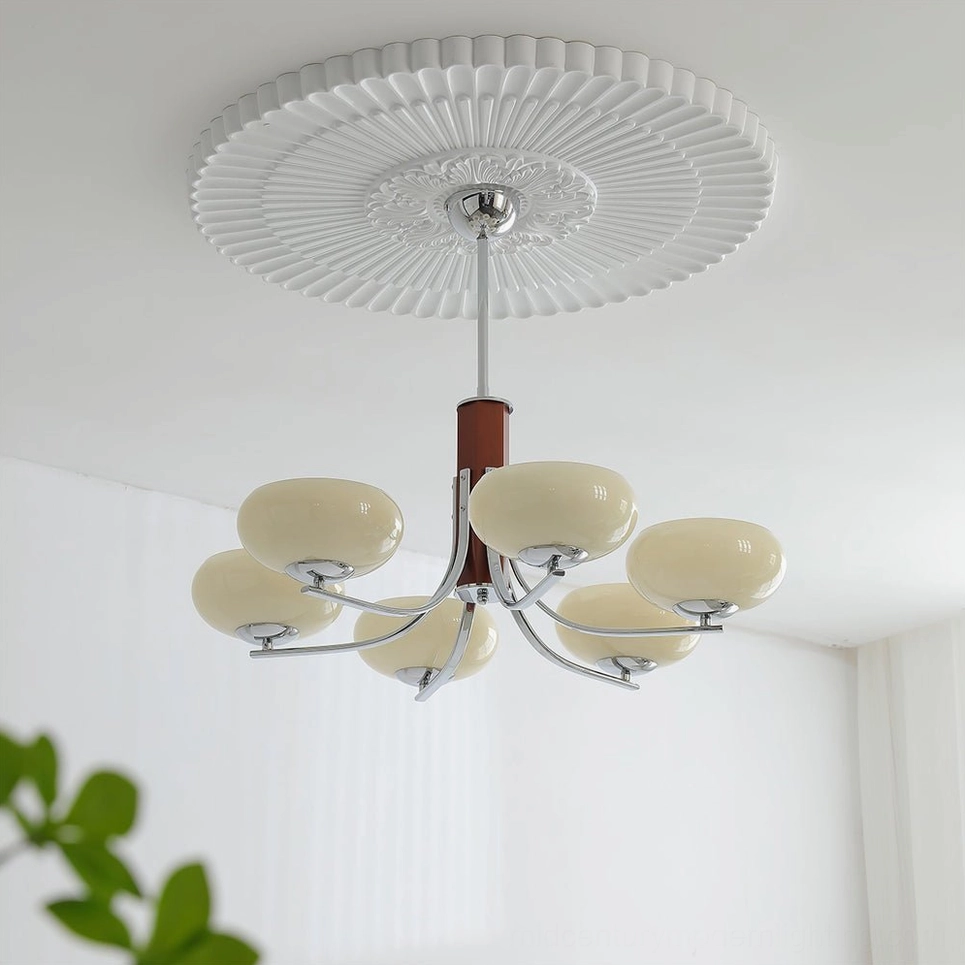 Rico six-head mid-century pendant chandelier chrome and beige shade option