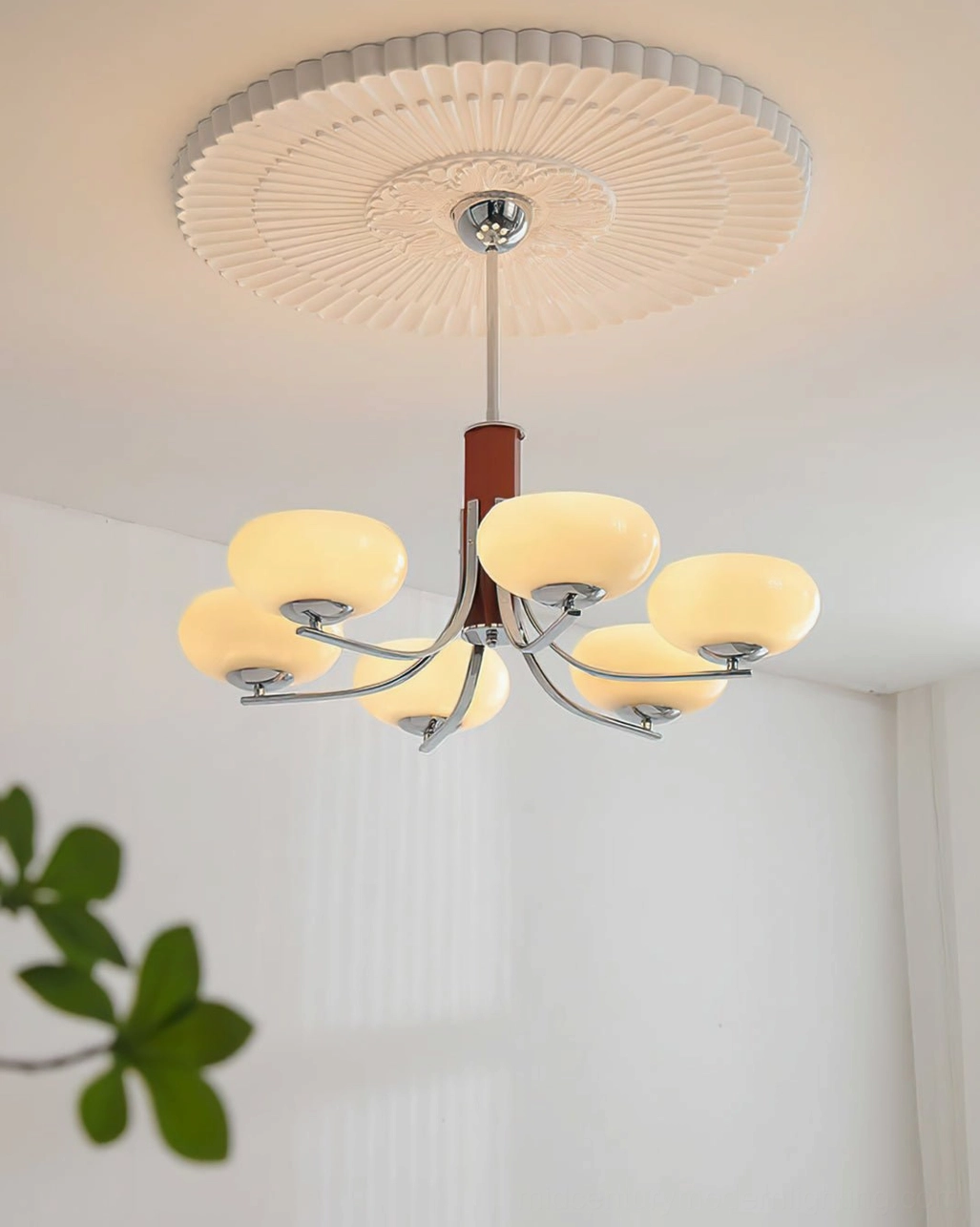 Rico pendant chandelier six-head configuration with opal glass shades lighting detail