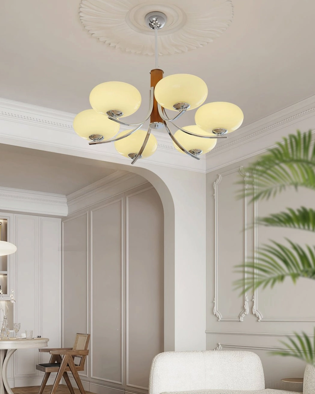 Rico chandelier suspended from ceiling showing suspension rod and mounting hardware