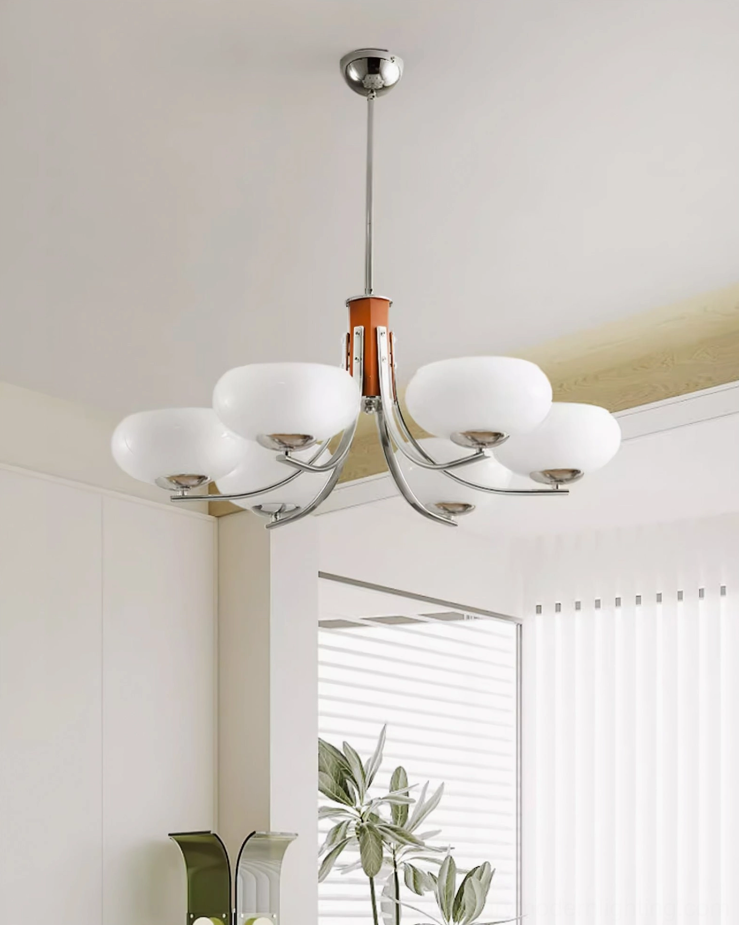 Rico pendant chandelier architectural metal arms and glass shade assembly detail
