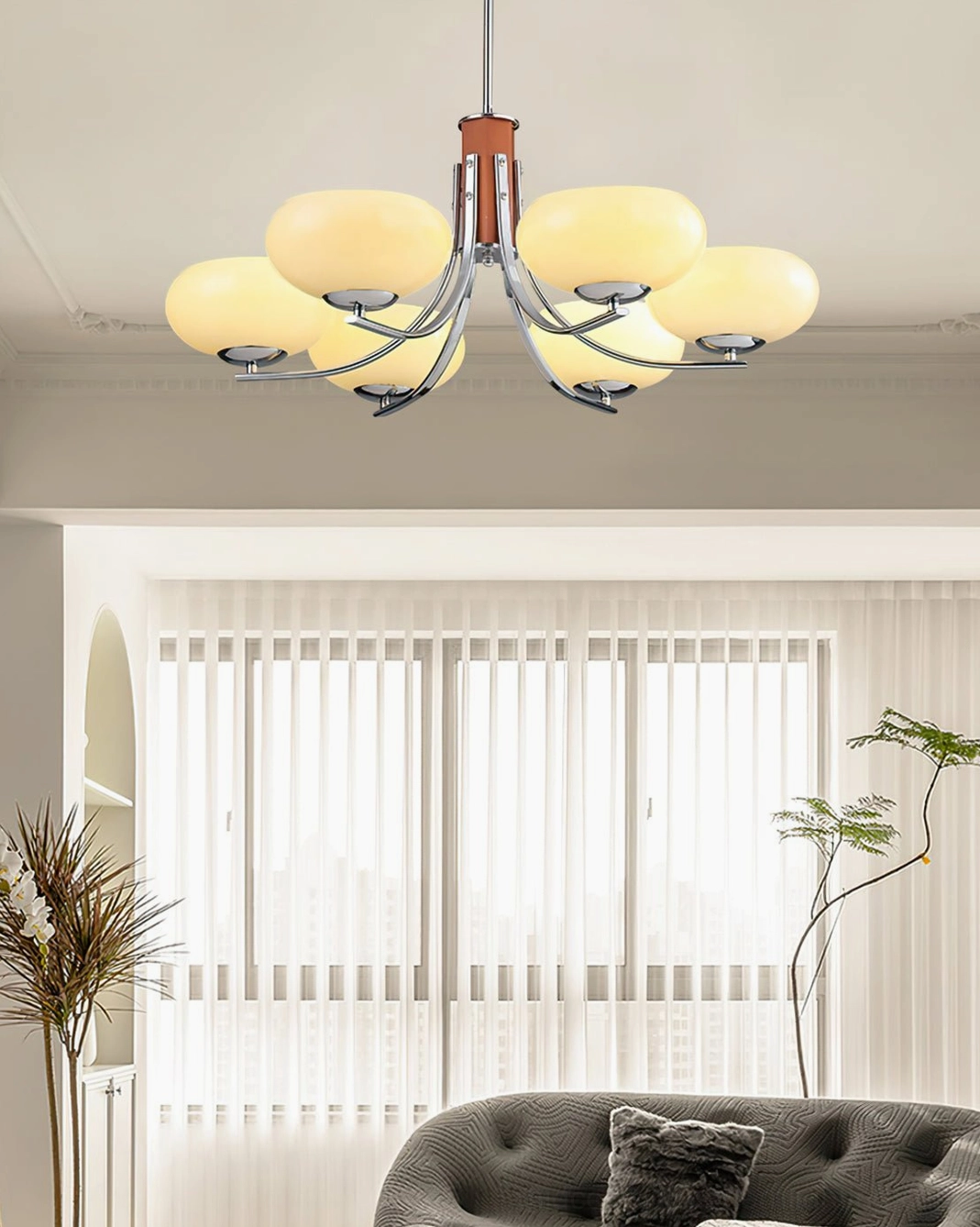 Rico mid-century chandelier with sculptural geometry and opal glass diffusion