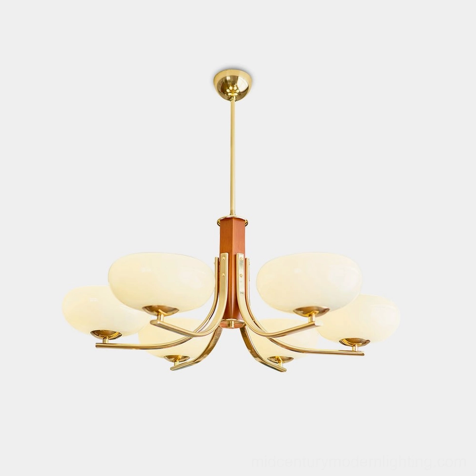 Rico pendant chandelier showing hexagonal wood core and metal arm structure
