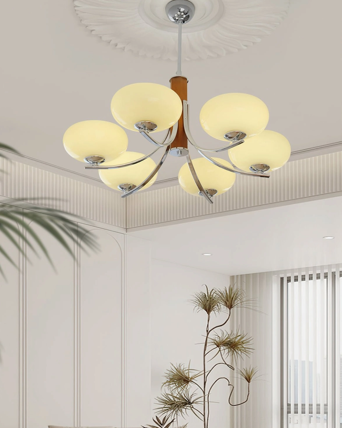 Rico mid-century modern chandelier with warm wood tones and metal framework detail