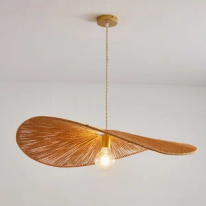 Ridotti boho rattan ceiling pendant light three-quarter angle view in minimalist white interior space