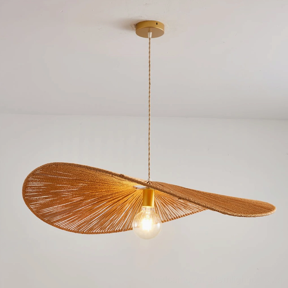 Ridotti boho rattan ceiling pendant light three-quarter angle view in minimalist white interior space