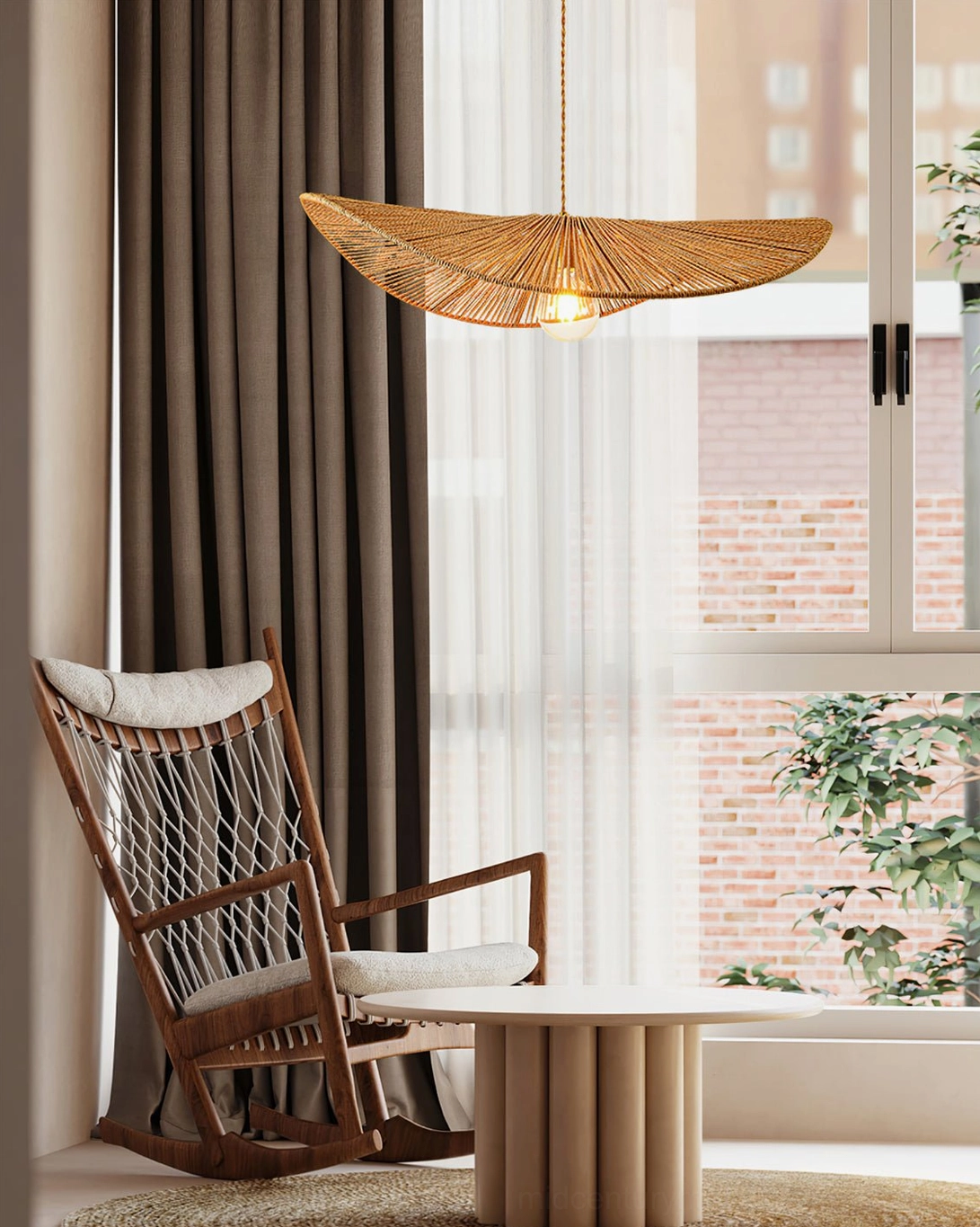 Ridotti woven rattan ceiling pendant beside window balcony nook demonstrating bohemian casual home styling