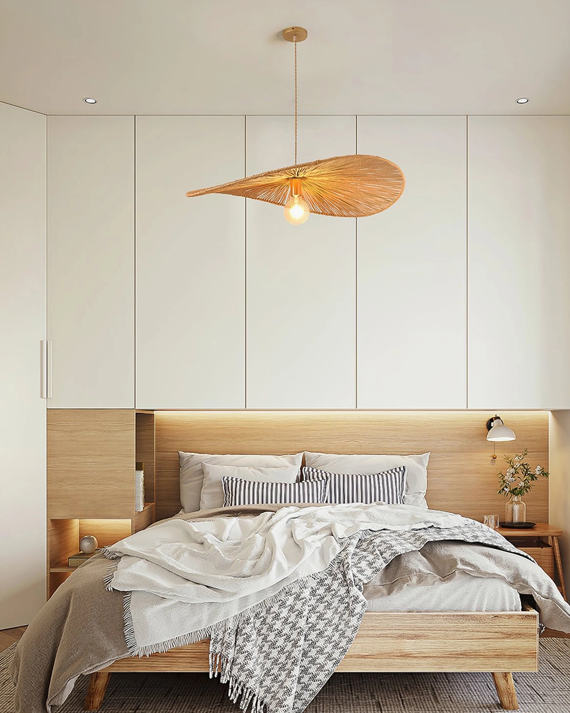 Ridotti boho rattan pendant light silhouette demonstrating ecliptic disc design and light diffusion through woven shade