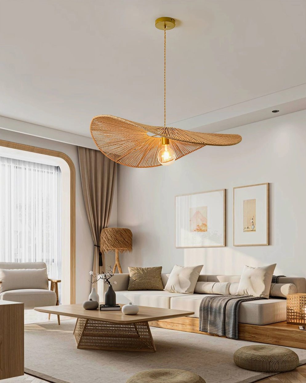 Ridotti 1970s rattan pendant light in modern Japanese minimalist living room with natural wood furniture