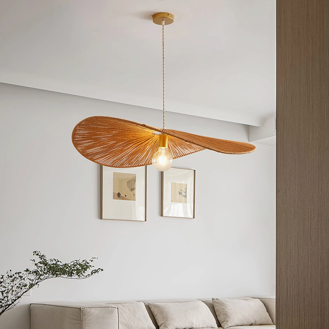 Ridotti mid-century modern rattan ceiling pendant showing complete assembly and cord length in installation view