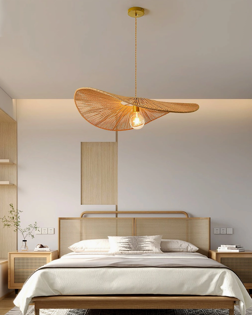 Ridotti retro pendant lamp installed in Japanese-style bedroom creating warm ambient lighting over bed