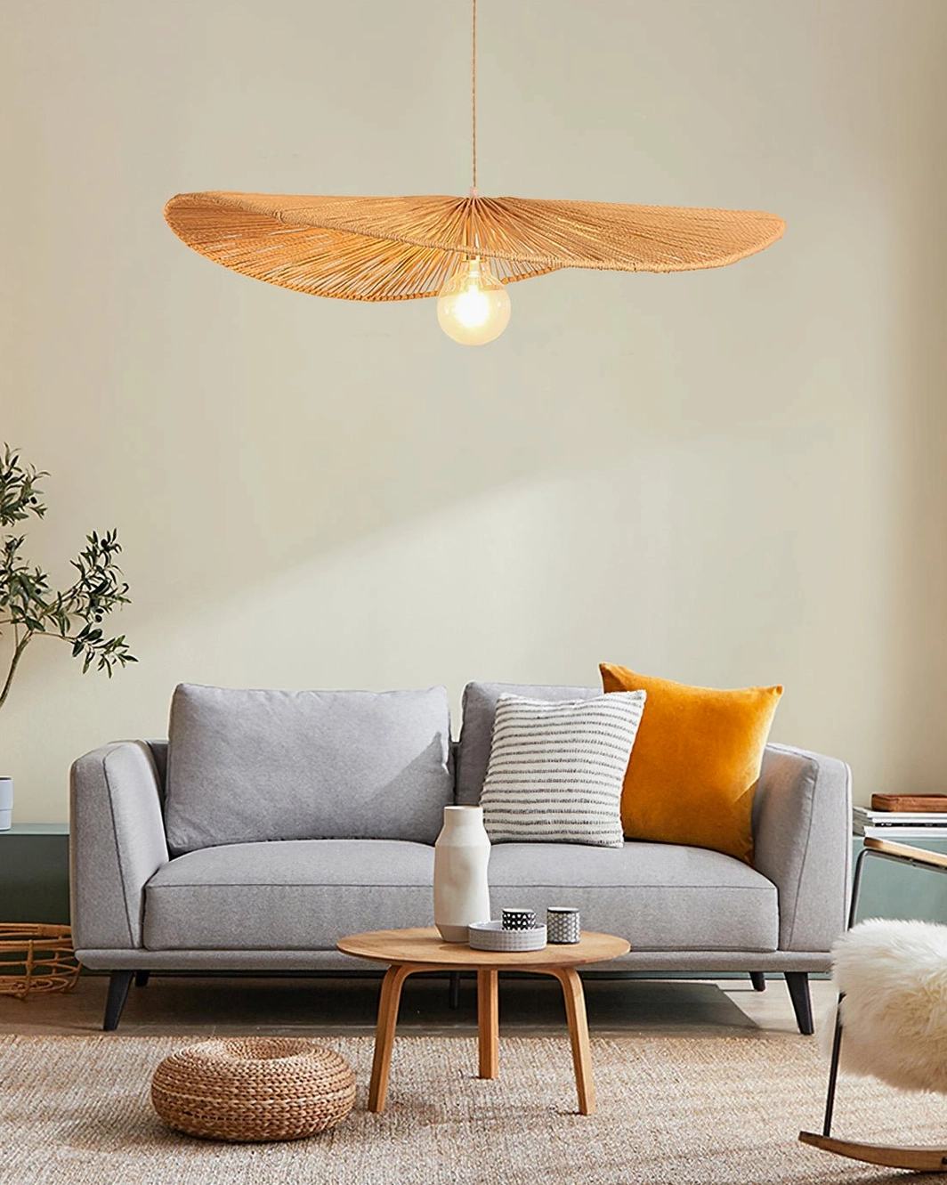 Ridotti retro 1970s rattan pendant lamp shade detail showing bubble glass center diffuser and hand-woven natural fiber construction