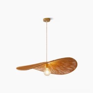 Ridotti hand-woven rattan pendant lamp front view studio shot showing natural light brown woven disc shade with bubble glass diffuser