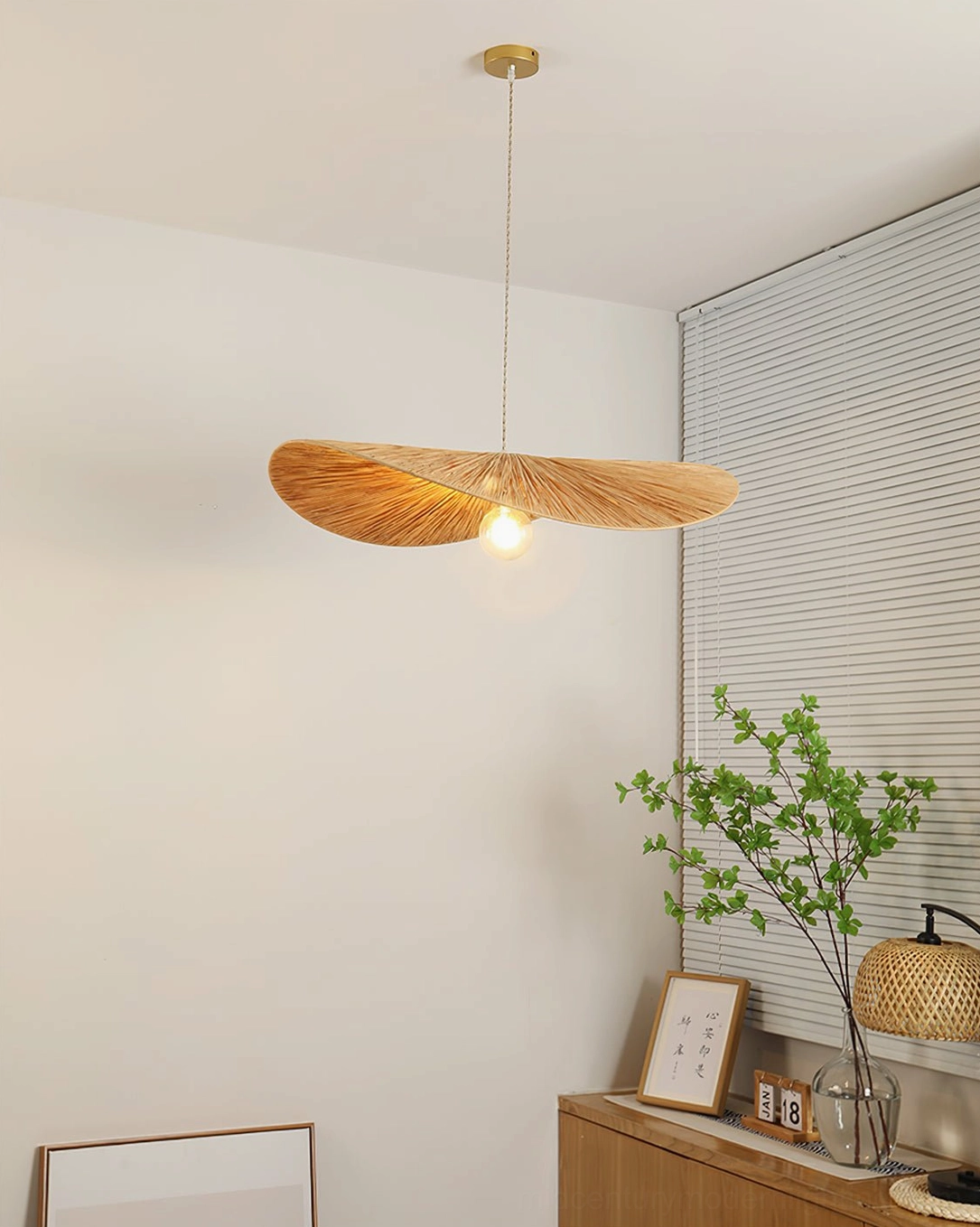 Ridotti 1970s inspired rattan pendant light showing decorative interior ambiance and retro aesthetic appeal
