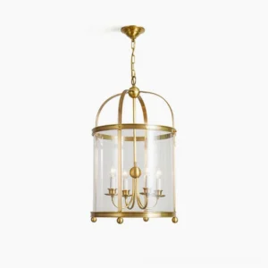 Rieka mid-century brass pendant chandelier with four E14 candle sockets and clear glass cylindrical shade, front full view on white background