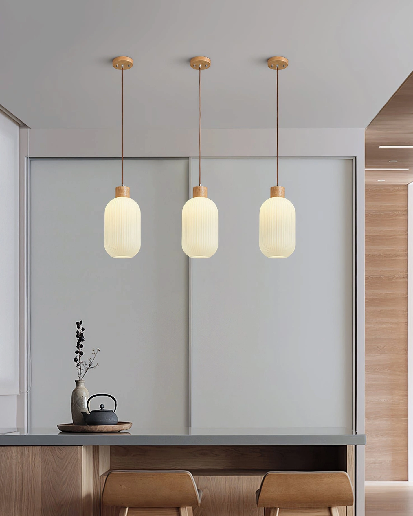 Rime pendant lamp glass shade detail showing frosted finish and vertical ribbing pattern