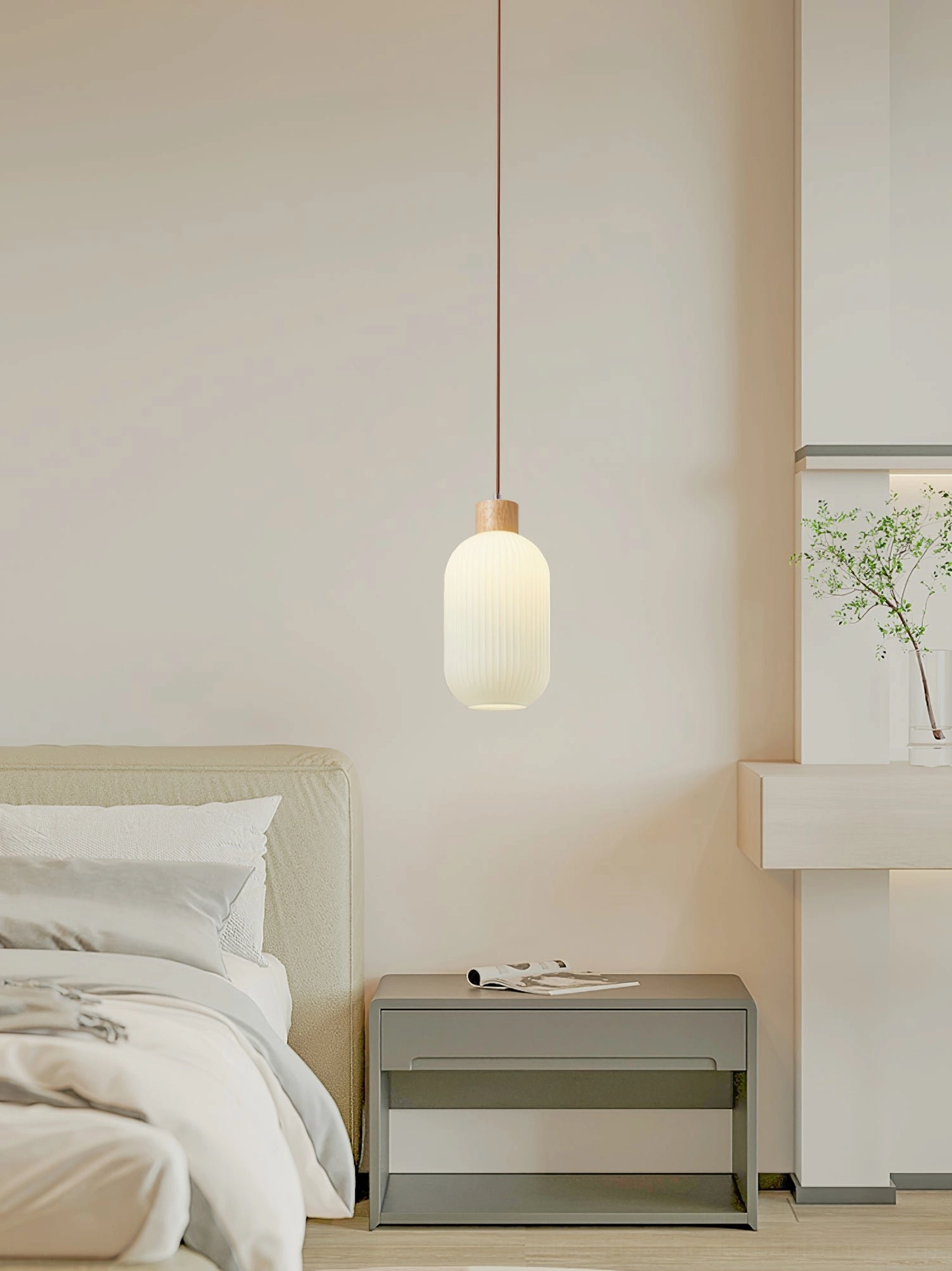 Rime pendant lamp illuminated showing soft light diffusion through frosted ribbed glass