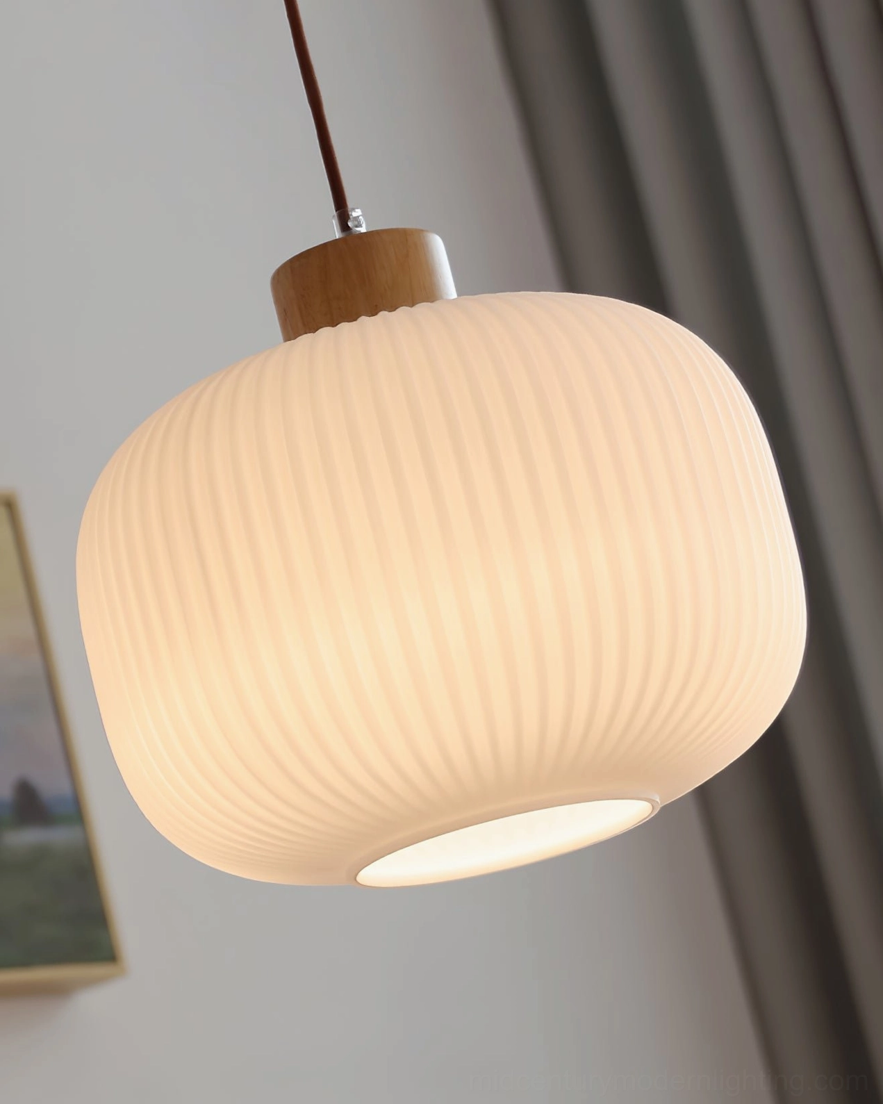 Model B Rime pendant lamp side view showing ribbed glass texture and wood cap detail
