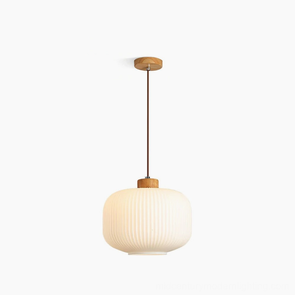 Rime pendant lamp with ribbed frosted glass shade and wood cap, front view on white background