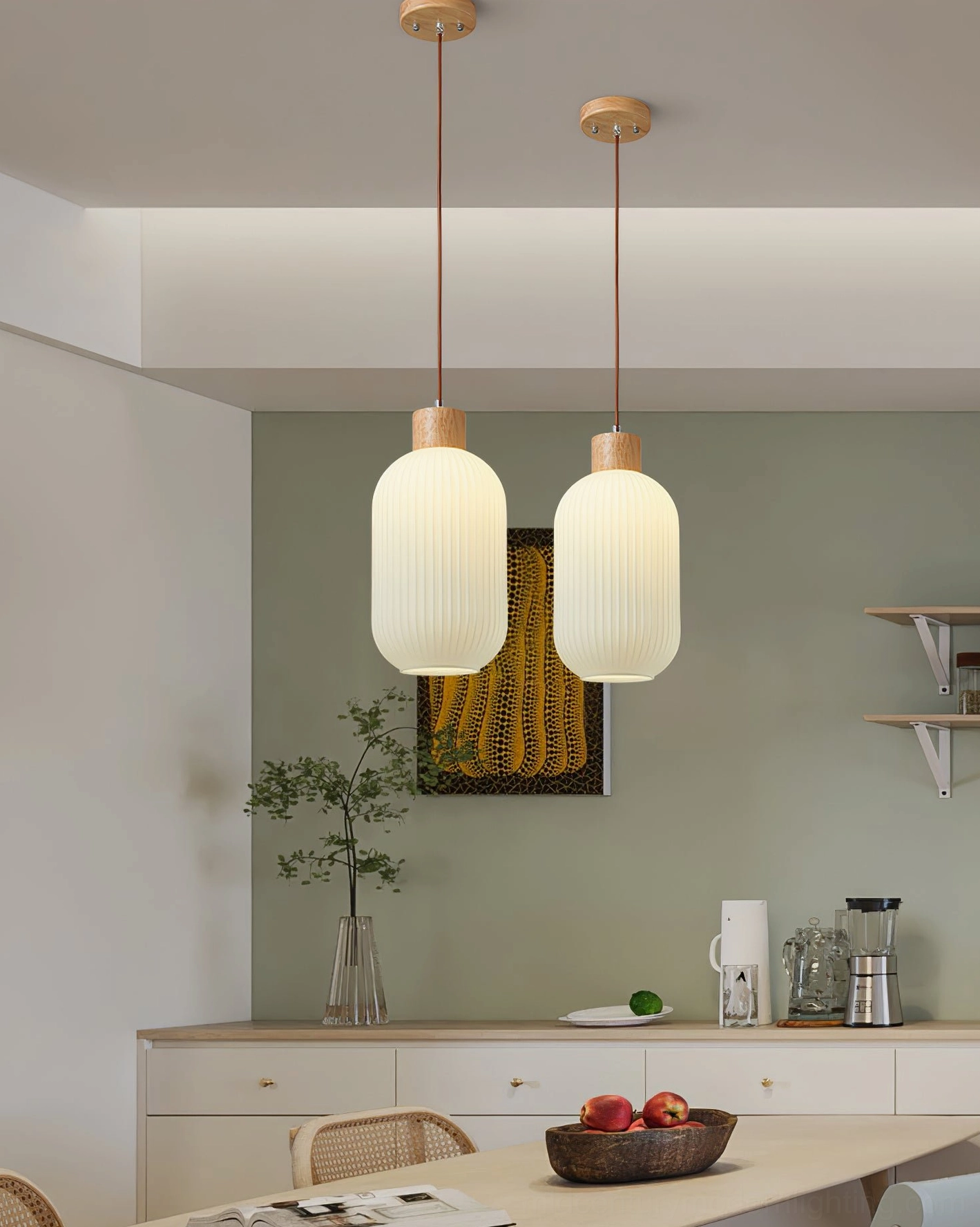 Close-up detail of Rime pendant lamp wood cap and twisted fabric cord attachment