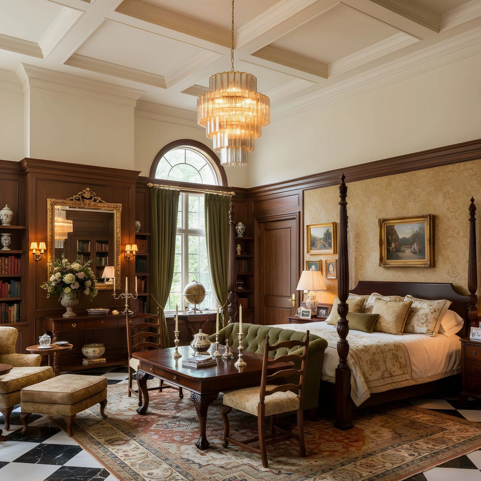 Elegant amber Rina Firenze chandelier in luxury mansion bedroom-dining space with classic decor