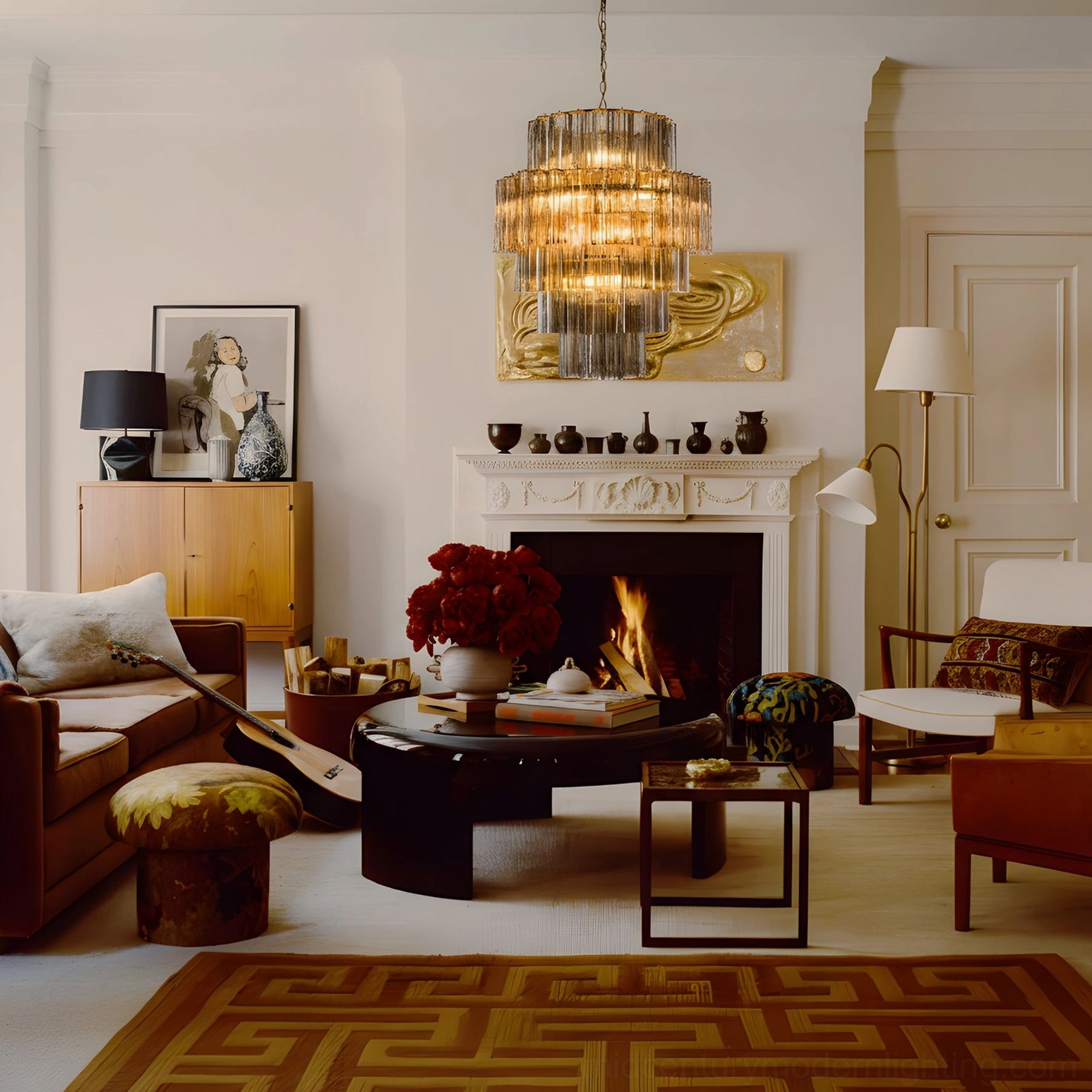 Warm amber Rina Firenze chandelier suspended in traditional living room with fireplace and vintage furnishings