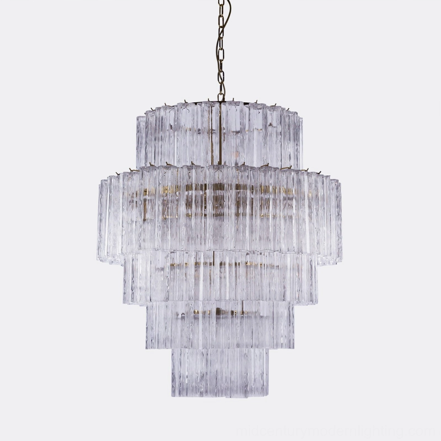Clear glass Rina Firenze chandelier with gold accents showcasing transparent prism clarity