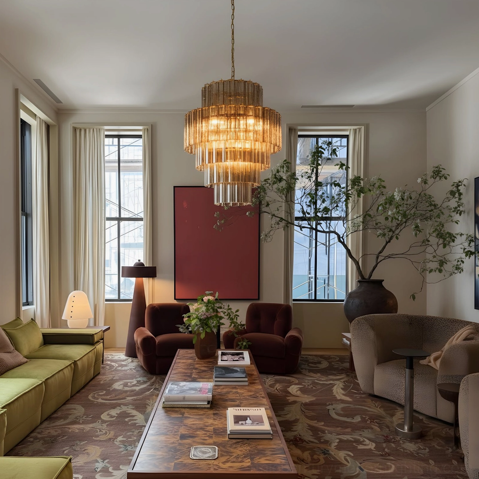 Golden-toned Rina Firenze Murano glass chandelier in bright modern living room with large windows