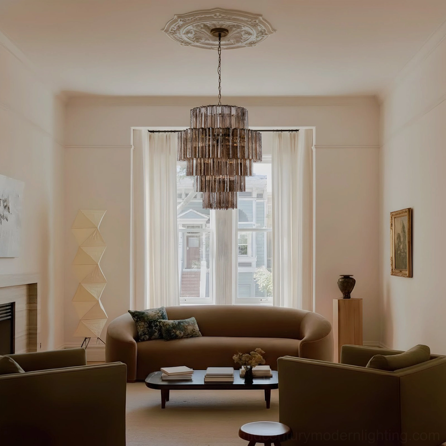 Rina Firenze mid-century modern chandelier installed in contemporary living room with neutral decor