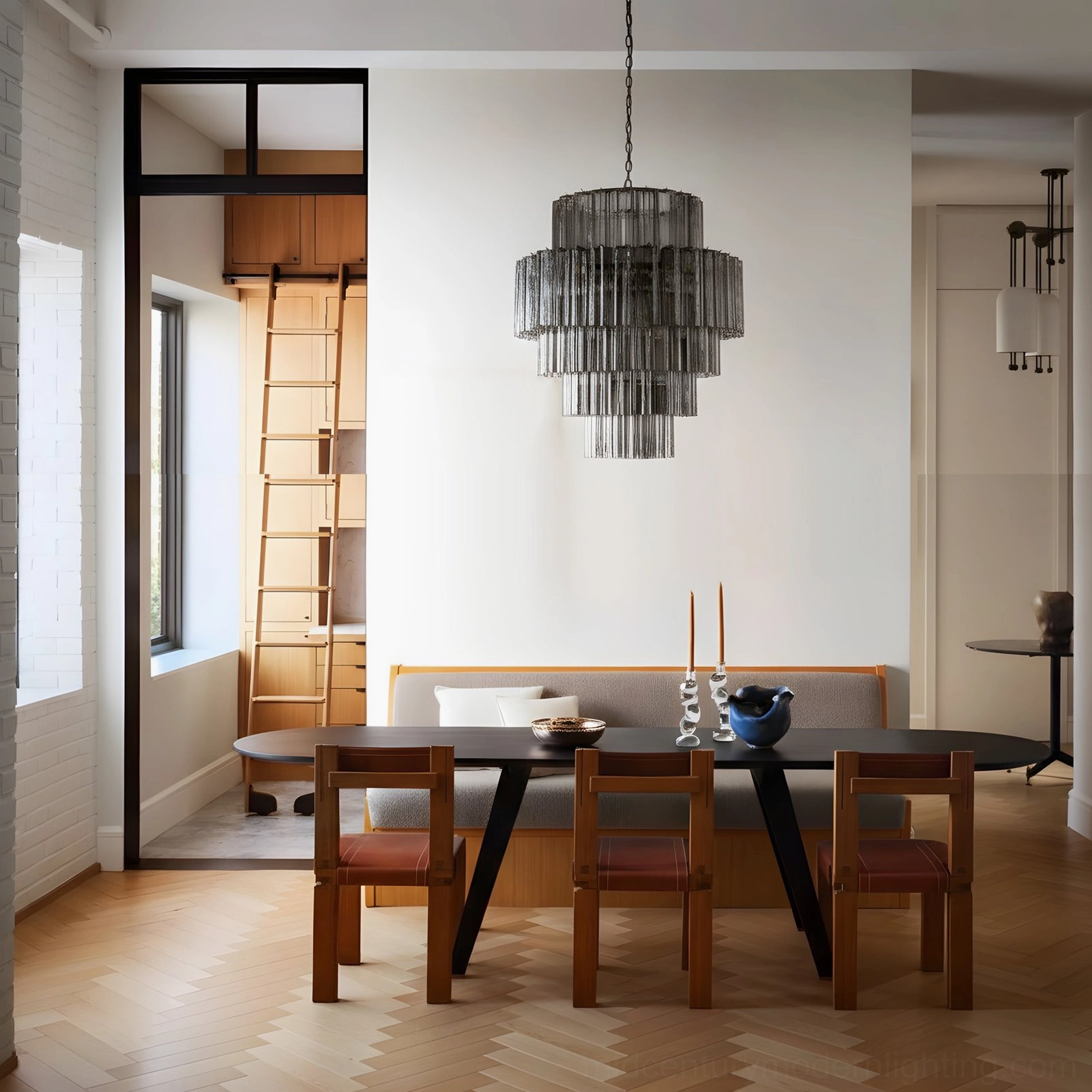 Dark smoked Rina Firenze chandelier in modern dining room with herringbone flooring, architectural view