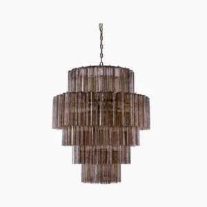 Rina Firenze Murano glass chandelier with smoke gray tiered prisms and polished metal frame, front studio view