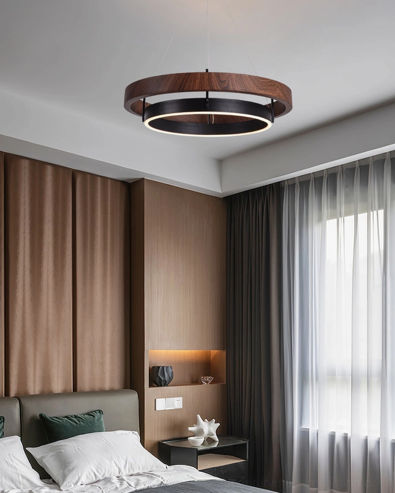 Ring Dunst modern LED chandelier mounted in warm contemporary bedroom overhead illumination