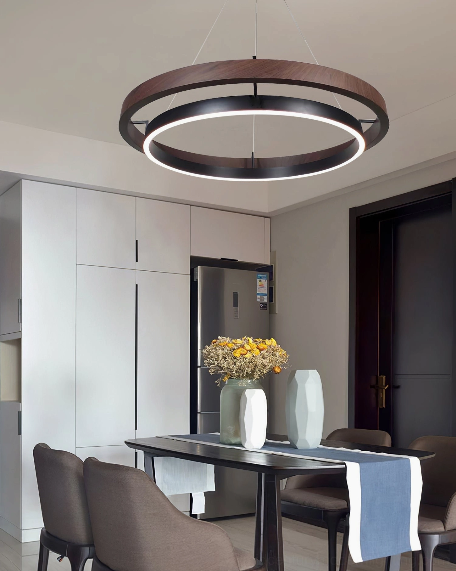 Ring Dunst contemporary double-ring LED chandelier front facing studio shot walnut and black finish